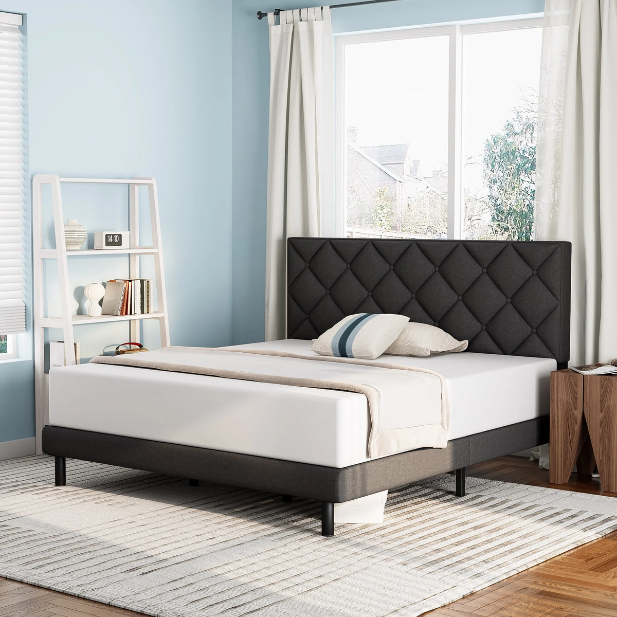 Queen Size Platform Bed with Wingback Headboard V4404