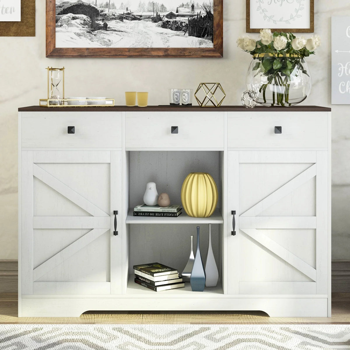 White 53" Wood Coffee Bar Cabinet with 3 Drawers L86742