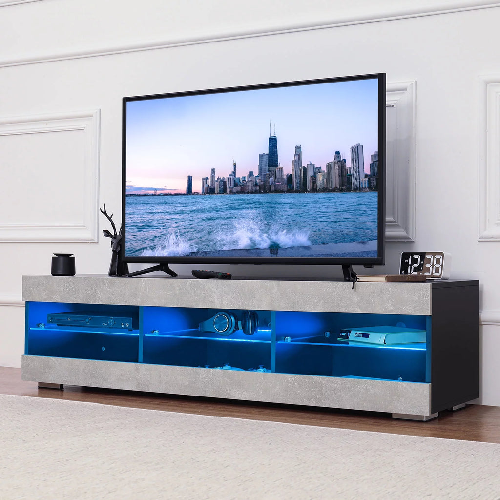 White TV Stand with LED Lights and Glass Shelf W1702