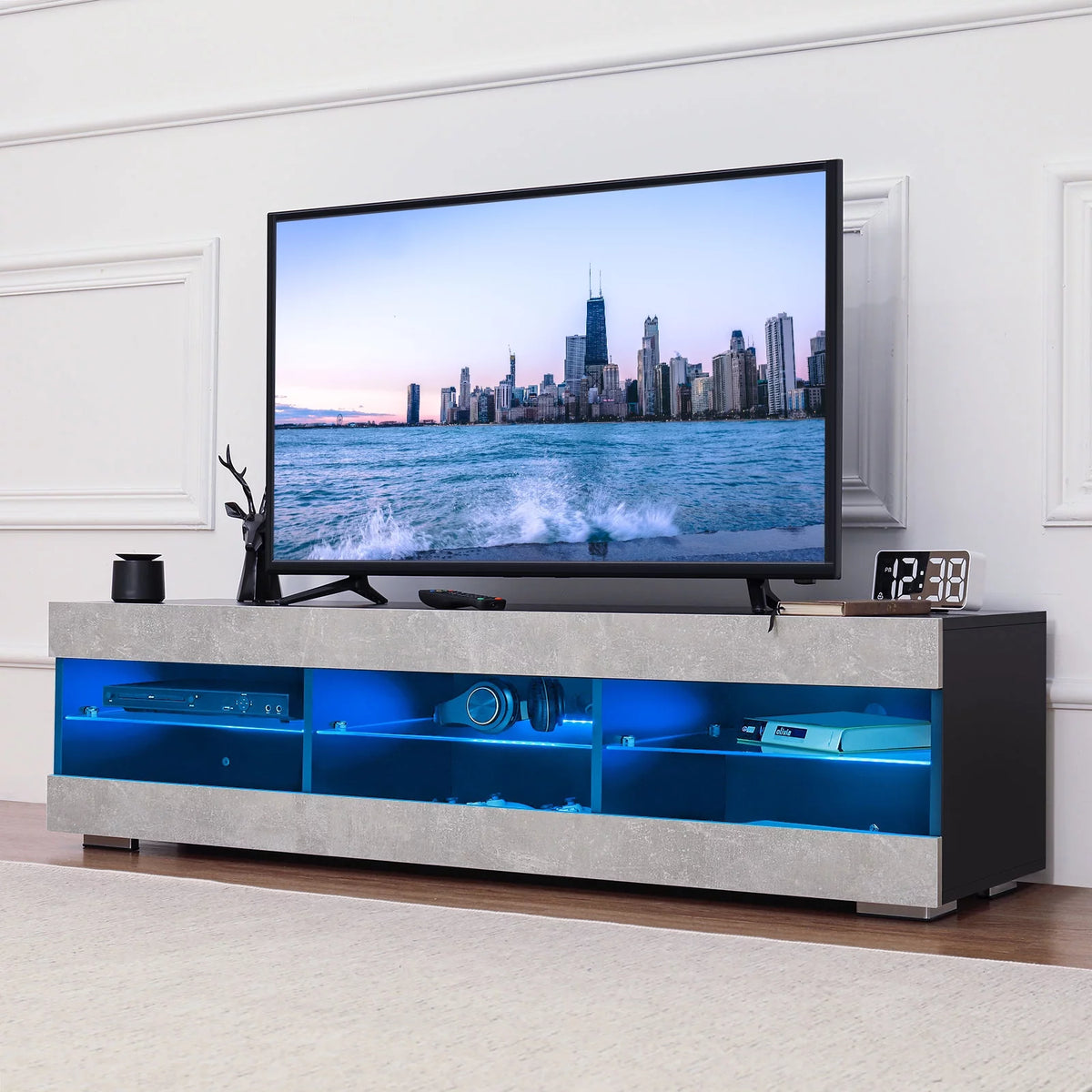 White TV Stand with LED Lights and Glass Shelf W1702