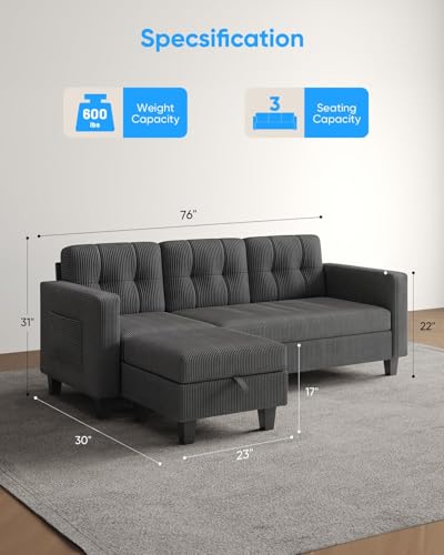 76 Inch L Shaped Corduroy Convertible Sectional Sofa with Reversible Storage Ottoman G365739
