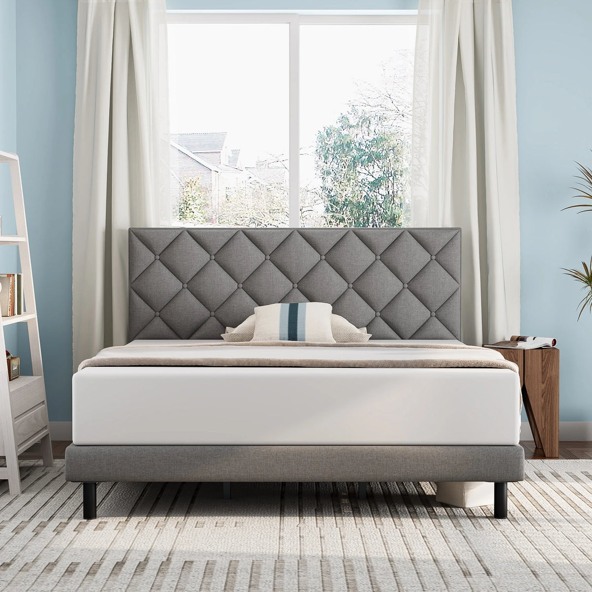 Queen Size Platform Bed with Wingback Headboard V4404