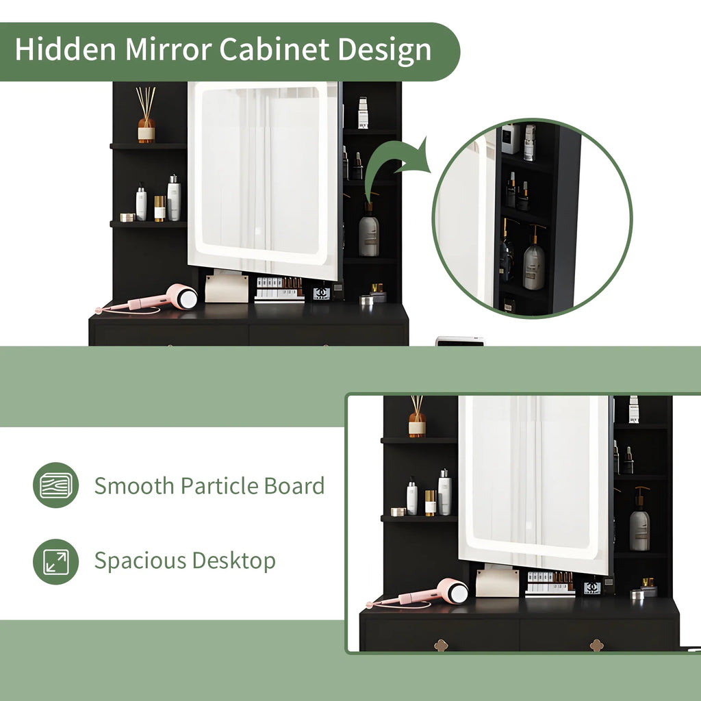 Black Dressing Table with Lighted Mirror, 4 Drawers and Stool W97092