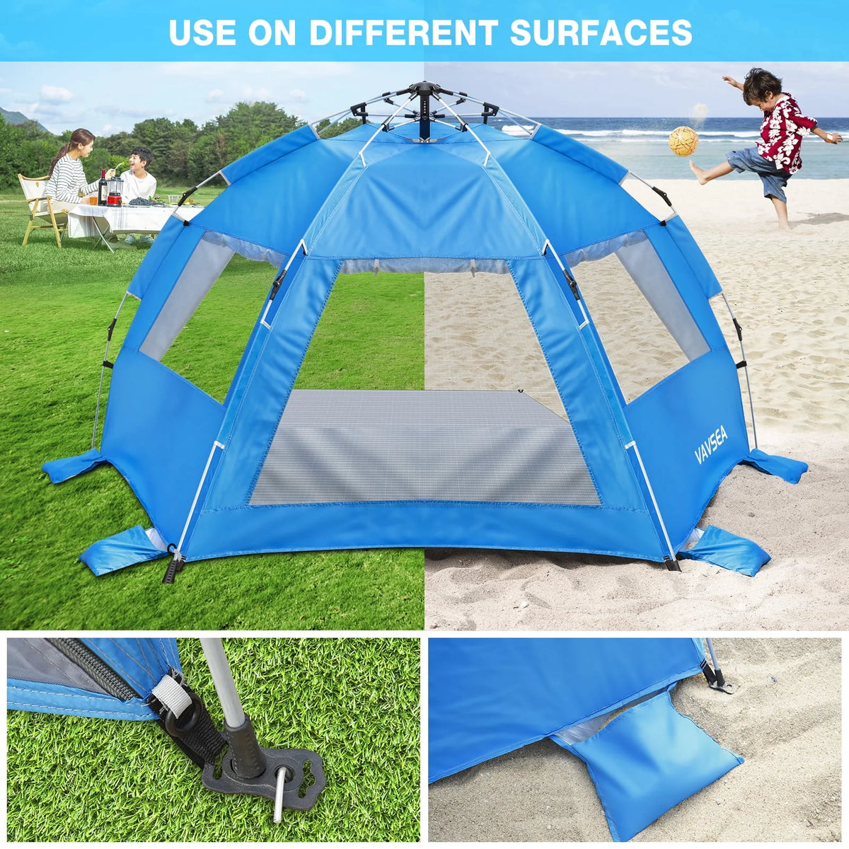2-4 Person Pop-up Beach Tent UPF 50+ UV Protection Portable Waterproof Sunshade Blue C27507