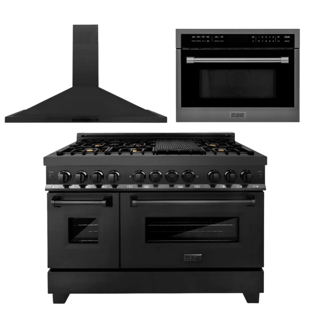 48 In. Dual Fuel Range, Microwave Oven, Range Hood in Black Stainless Steel O113