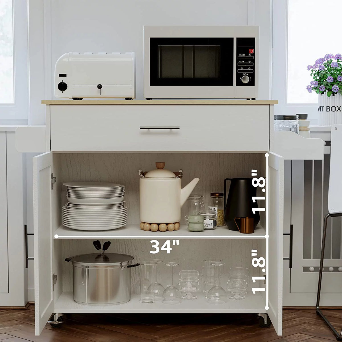 White Rolling Kitchen Island with Storage Cabinet W48928