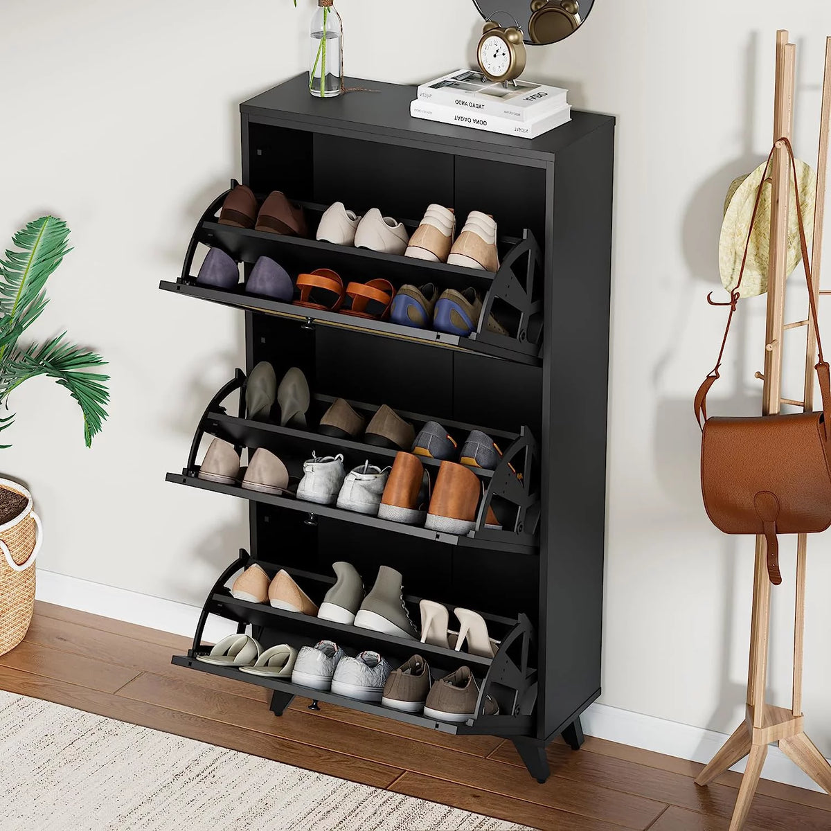 Black Rattan 3 Drawer Narrow Shoe Cabinet Y339540