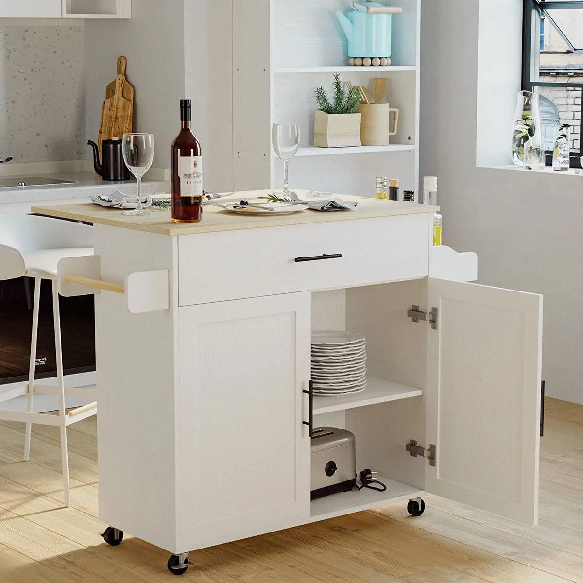 White Rolling Kitchen Island with Storage Cabinet W48928