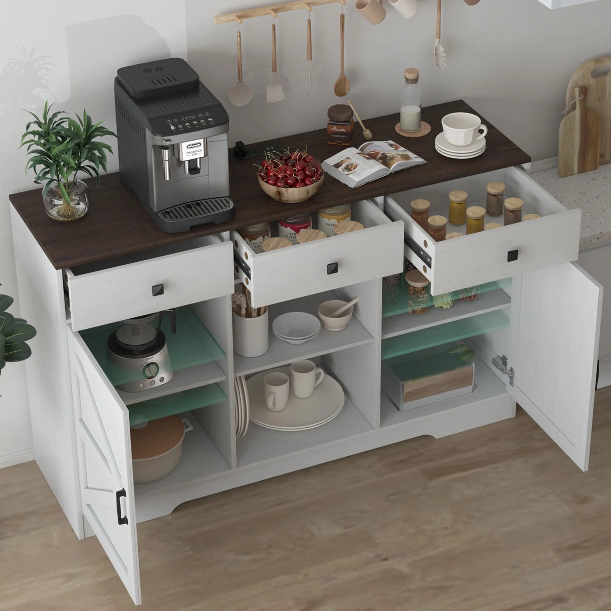 White 53" Wood Coffee Bar Cabinet with 3 Drawers L86742