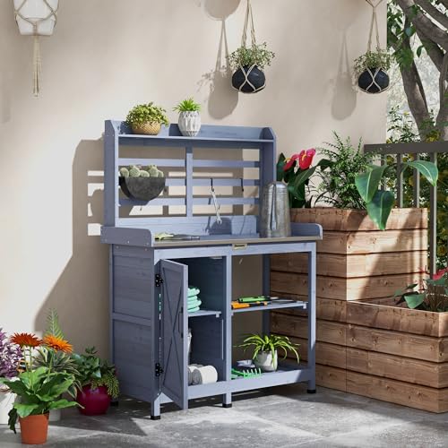 Wooden Potting Bench Table with Storage Cabinet I4846