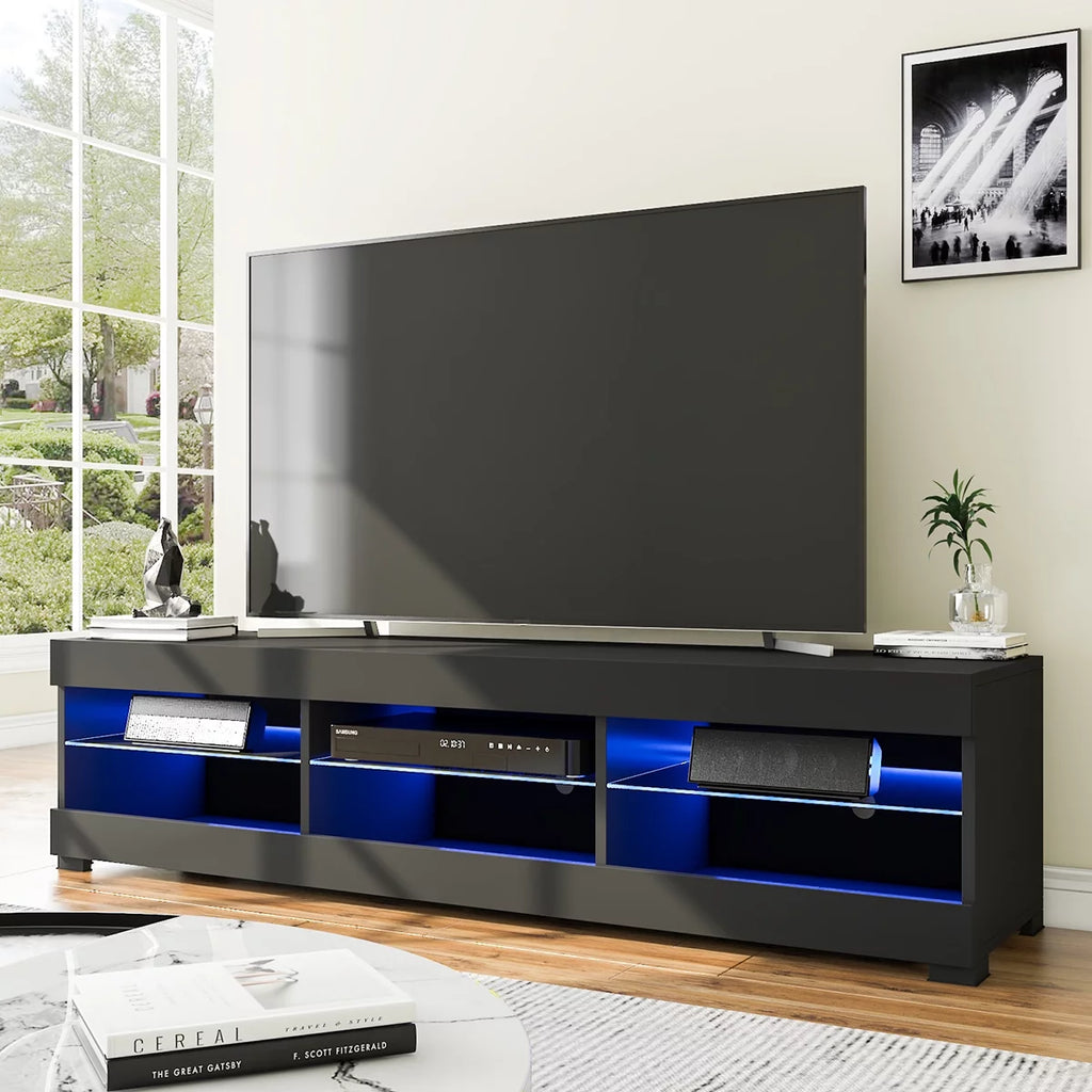White TV Stand with LED Lights and Glass Shelf W1702