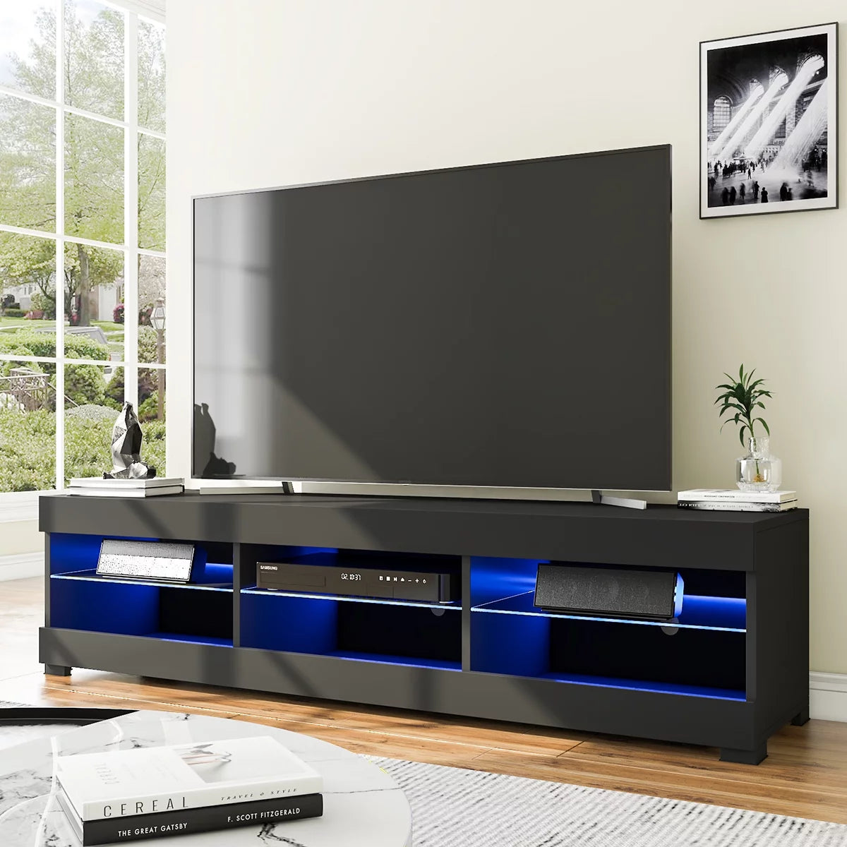 White TV Stand with LED Lights and Glass Shelf W1702