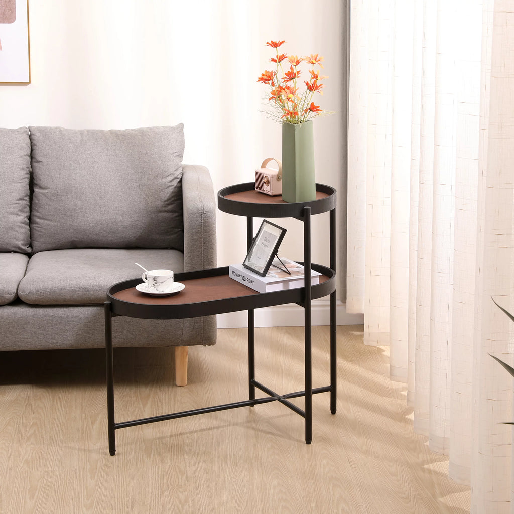 Brown 2-Tier Side Table with Wood & PU Tray X9264