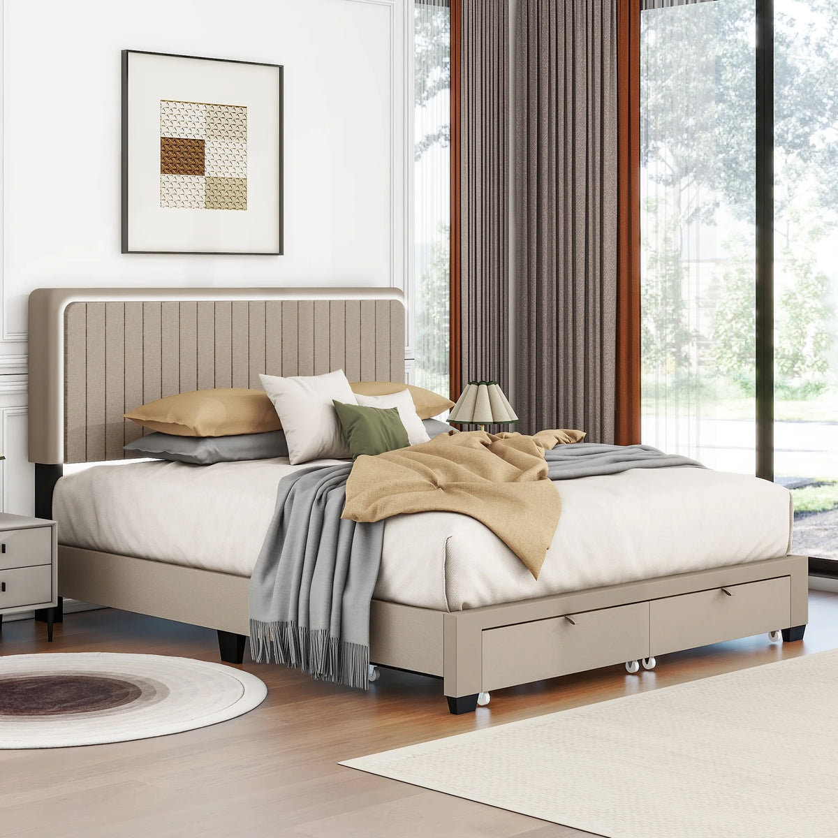 Beige Queen Linen Upholstered Platform Bed Frame with LED Headboard and Footboard Drawers J63795
