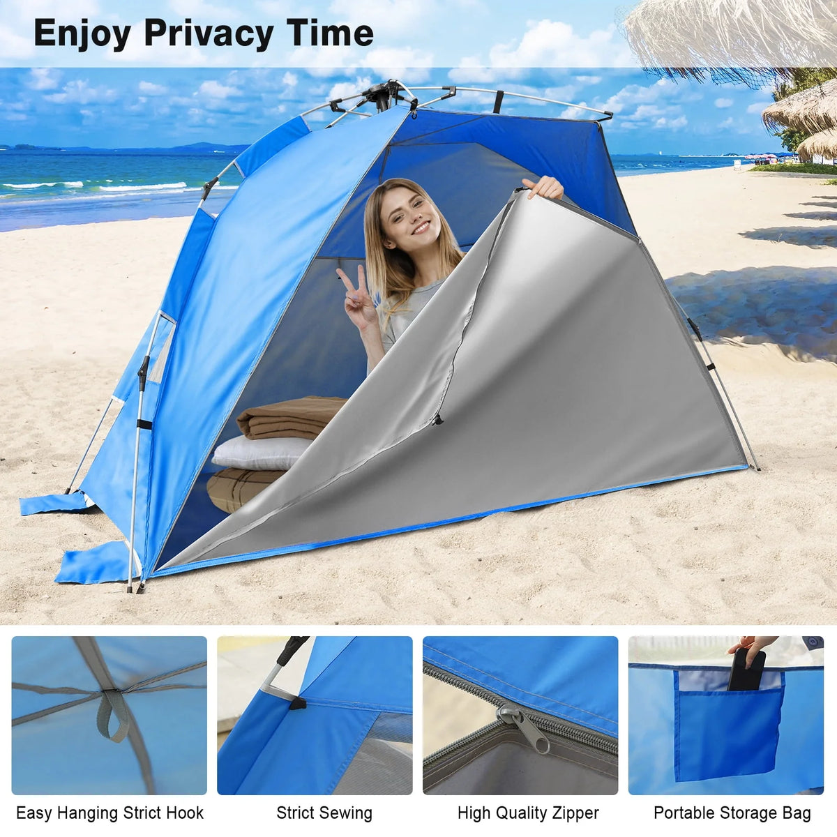 2-4 Person Pop-up Beach Tent UPF 50+ UV Protection Portable Waterproof Sunshade Blue C27507