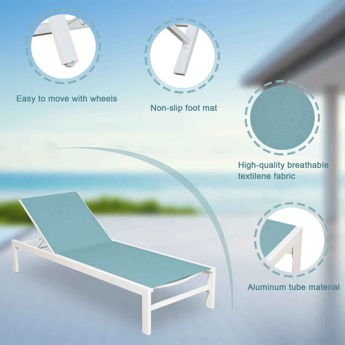 2 Pieces Outdoor Aluminum Chaise Lounge Chairs with Wheels K42436