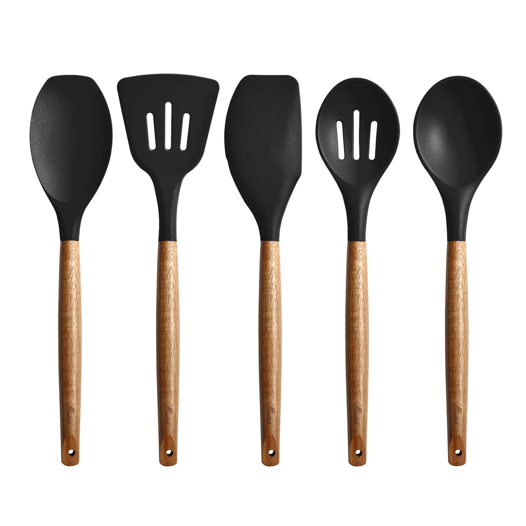 Black 5 pcs Nonstick Silicone Cooking Utensils Set C366097