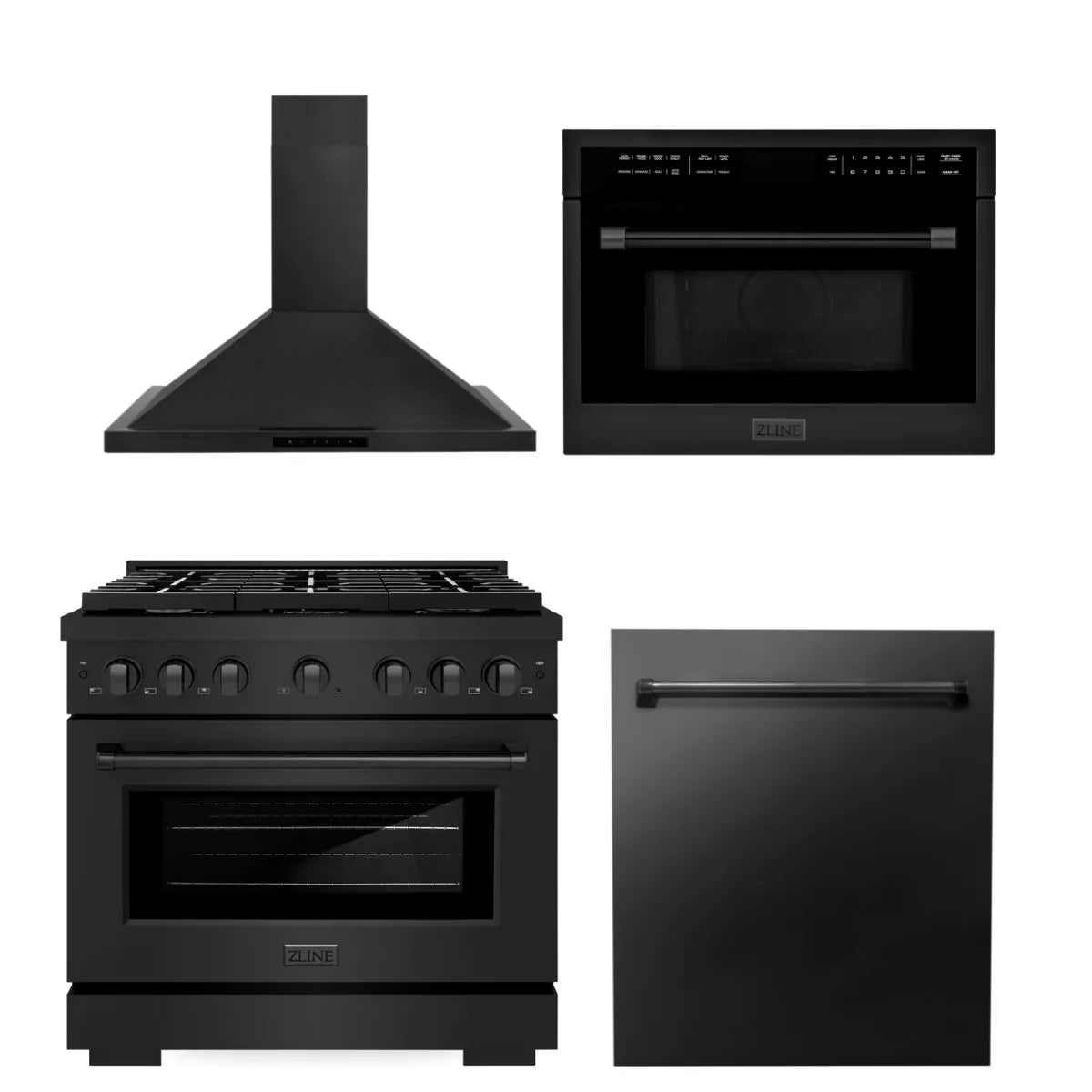 36 in. Gas Range, Range Hood, Microwave Oven, Dishwasher Black Stainless Steel O3422