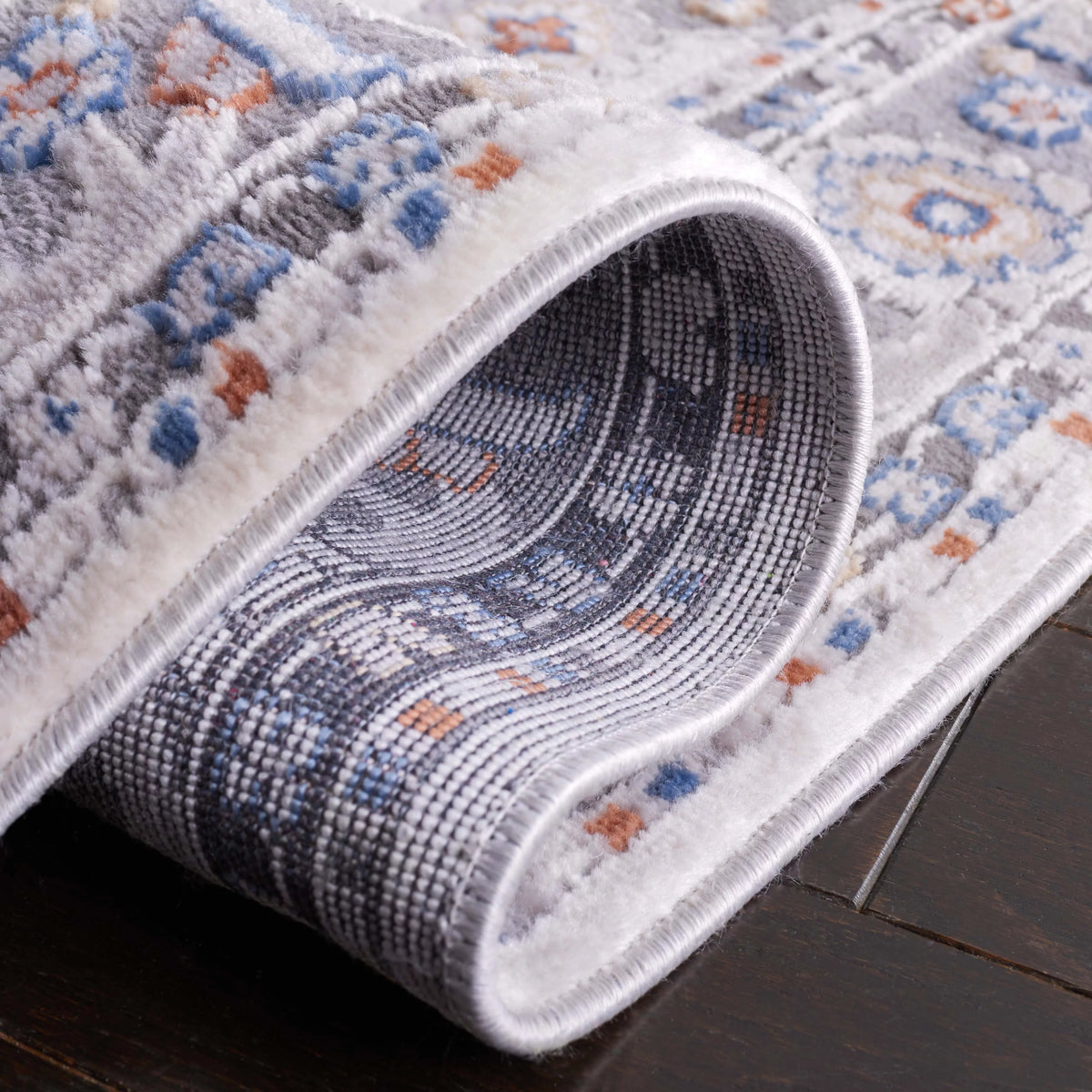 Grey Blue Rust 5 ft x 7 ft Area Rug V714