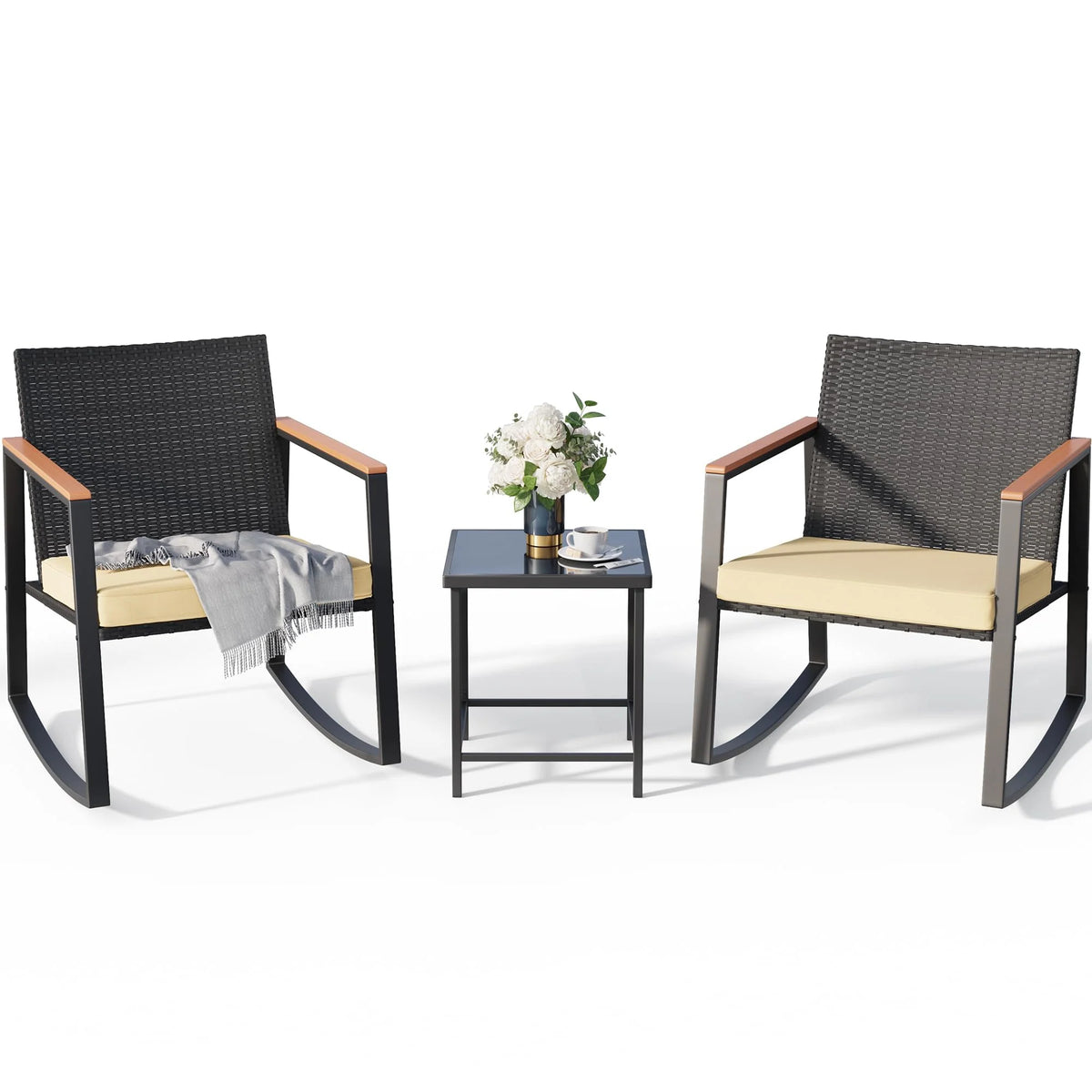 3-Piece Patio Wicker Chairs Set with Glass Coffee Table J63854